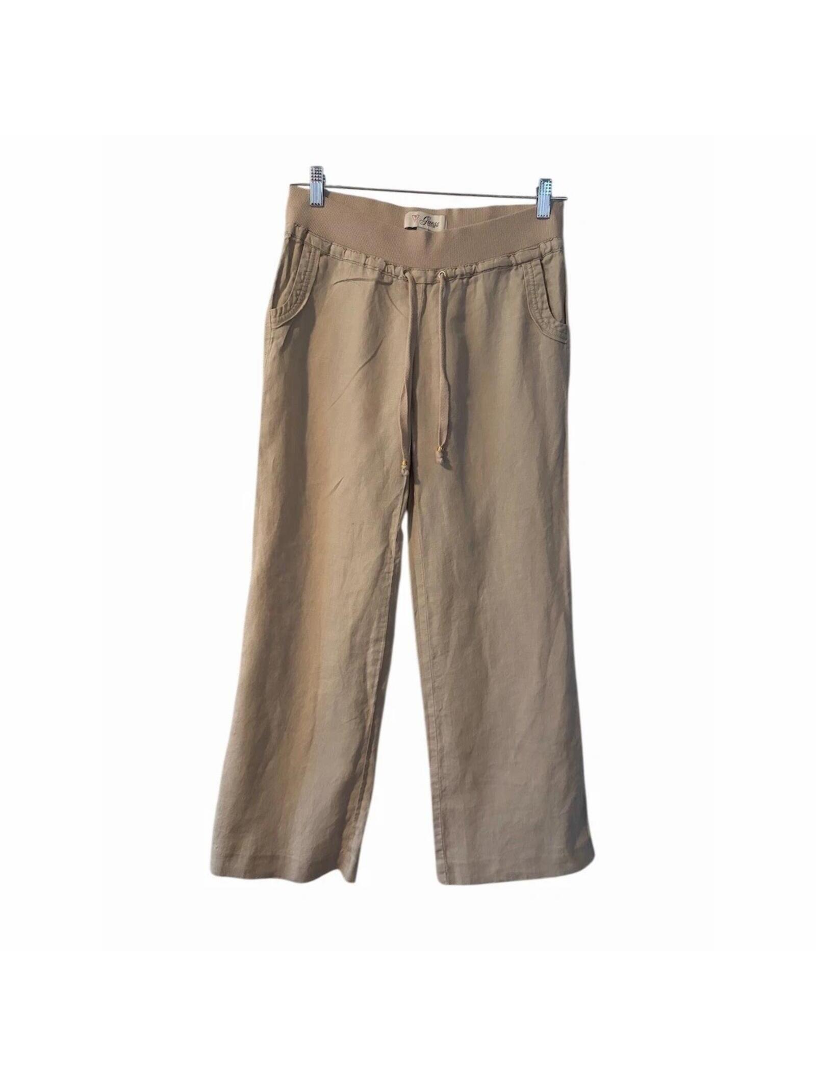 Guess Womens 100% Linen Pull-On Pants Size S Beige Drawstring Wide Leg Pockets